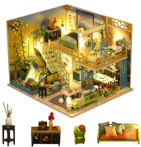 Villa Puppenhaus-Set zum Selbermachen, chinesischer antiker Stil, Miniatur-Set aus Holz mit Möbeln und LED, 3D-Haus-Puzzle-Modell, Maßstab 1:24, kreativer Raum für Geburtstag, Geschenkidee