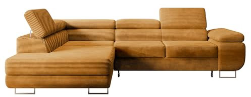 Selsey STEVIL - Ecksofa L-Sofa mit Schlaffunktion, Bettkasten, Ottomane links, Cordbezug Senfgelb
