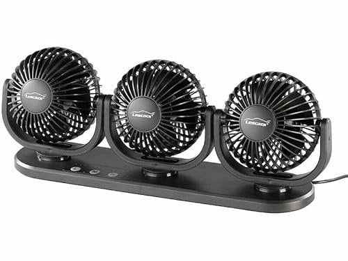Lescars Ventilator Auto: Kfz-Dreifach-Ventilator mit USB-Anschluss, 3 Stufen, 360° verstellbar (3 Fach, Gebläse, Laptop Tisch)