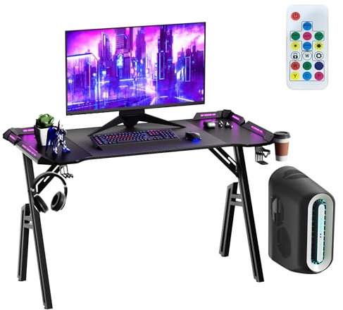XMTECH Bureau Gaming avec LED 120 x 60 cm - Table Gaming Cadre A Stable avec Surface en Fibre de Carbone - avec Porte-gobelet et Crochet pour Casque - Noir