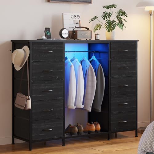 LUMTOK 55W Dresser with Hanging Rack,10 Fabric drawers & Hooks for Bedroom