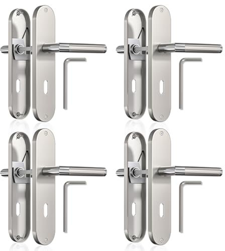 Bwintech 4 set di maniglie moderne a leva in zinco da 72 mm su piastra con foro per la chiave, adatte per camera da letto, porta d'ingresso, porta in legno