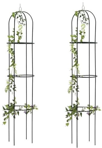 2 x Black metal garden obelisk 1.9m - steel frame garden trellis for climbing plants & roses - Indoor outdoor decorative plant support obelisk.