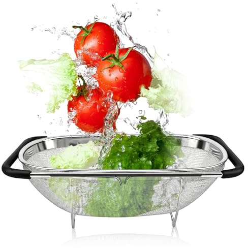 Extensible Passoire Inox, 33x24x11 cm Passoire Evier Cuisine Multifonction Pates avec Poignées Extensibles en Caoutchouc pour Filtrer Égoutter et Laver les Fruits et Légumes