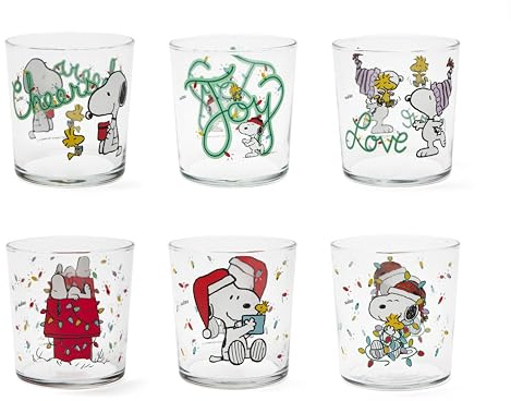 Excelsa Peanuts Shiny & Bright Set 6 Bicchieri in Vetro Natalizi, Decorati con Snoopy e Woodstock, 350ml, 8,5x8,8 cm, Lavabili in Lavastoviglie