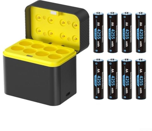 HEBEOT Eight Slot 15V AA Lithium Battery Charger Box with Rechargeable Batteries Organizer LED Indicator and Type C Port for Home and Office Devices