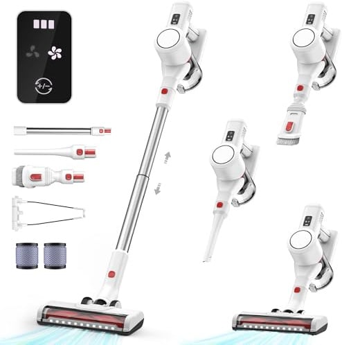 Syntecno Akku Staubsauger Kabellos Vacuum Cleaner - 3-In-1 Akkustaubsauger Kabelloser Weiß Akkusauger Cordless mit Licht Stabstaubsauger ohne Kabel mit Display für Tierhaare Teppiche Hartböden Auto