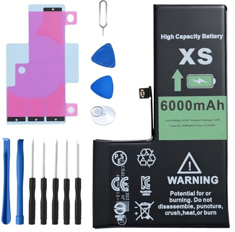Replacement iphone xs battery for All-Day Heavy Usage, 6000mAh High Capacity 0 Cycle Lithium Polymer with Repair Tool Kits for DIY Users (A1920/A2098/A2100)