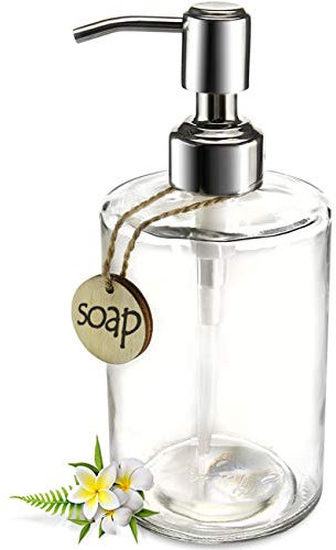 JASAI Distributeur de Savon cylindrique en Verre 477 g avec Pompe en Acier Inoxydable antirouille, Distributeur de Savon Rechargeable pour Salle de Bain, Mains, Vaisselle, liquides et pour Cuisine,