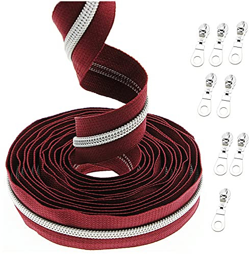 #5 Metallic Nylonspulen-Reißverschlüsse Meterware 10 Yards wein rotes Klebeband mit 25 Stück Silber schiebern für DIY Nähen Schneider Handwerk Tasche Gepäck kissen Leekayer