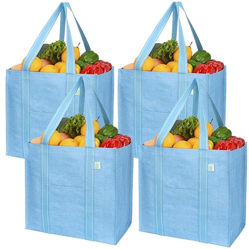 VENO 34 Liter groß Einkaufstasche Faltbare mit festem Boden und Fronttasche, wiederverwendbare Einkaufstaschen Wasserabweisend Tote Bag Einkaufskorb für Einkaufen Picknick (Cyan, 4er Pack)