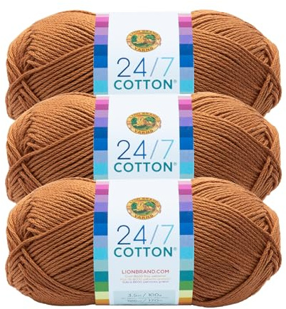 Lion Brand 24/7 Lightweight Cotton Yarn for Knitting, Crocheting and Crafts, Camel, Pack of 3