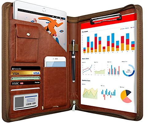 Zippered Padfolio Organizer, WRIYES Leather Planner Binder, 10.2 Inch Portfolio Folder for Documents, Letter Size Business Card Holder for Men&Women (Brown)