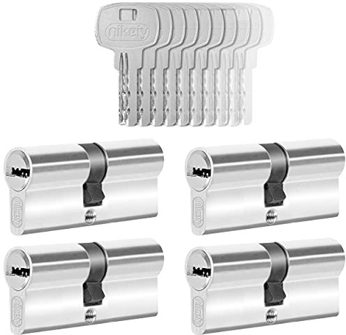 GERCAR 4x Cylindre de serrure/barillet de porte d'entree/interieure 70 mm - 4x serrure de porte 35/35 mm - En laiton nickelé - Avec 20 clés - Longueur : 70 mm, A: 35 B : 35