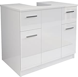 Mama Store Base pour Colonne avec 2 Portes et 2 tiroirs, Blanc Brillant laqué, L. 70 cm x P. 46 cm x H.62 cm