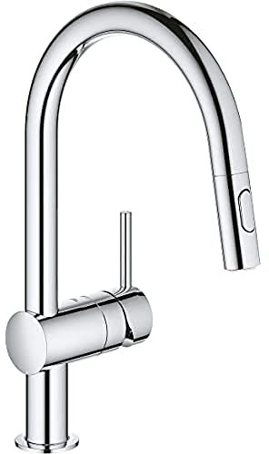 GROHE Minta | Einhebelmischer Spültischarmatur | 360° Schwenkbereich | herausziehbarer Doppelbrause | hoher C-Auslauf | 46 mm Keramikkartusche | min. empfohlener Druck 1,0 bar | chrom | 31862000