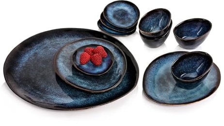 SÄNGER | Servierplatten Tokio 11 tlg, Schalen & Teller Set, Geschirrset Steingut inkl. Servierplatten & Dip Schalen, Servierset Spülmaschinenfest Dunkelblau mit Schwarzen Akzenten | PREMIUM COLLECTION