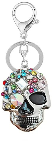 AJRUIER Totenkopf Schlüsselanhänger,3D Damen Neuheit Kreativ Geisterkopf Kreativ Neuheit Bling Multicolor Kristall,Silber