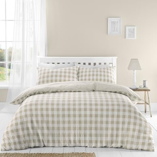 Catherine Lansfield Parure de lit réversible en Seersucker avec Housse de Couette et taies d'oreiller à Carreaux Vichy Naturel