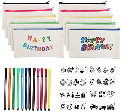 Idota 10 Stück Stoff Federmäppchen, Kindergeburtstag Basteln, Taschen zum Bemalen für Kinder mit 12 Farbigen Stiften und 8 Pcs Malen Schimmel für Reisen, Basteln am Kindergeburtstag