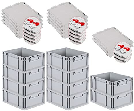 PROREGAL SuperSparSet 10x Eurobox NextGen Grip mit Scharnierdeckel und roten Schiebeschnappverschlüssen, HxBxT 17x30x40cm, 16 L, Grau, Griffe geschlossen, Eurobehälter, Transportbox