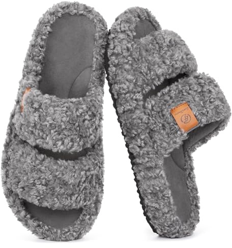 EverFoams Womens Fuzzy Open-toe Slippers Indoor Cool Gray,9-10 US