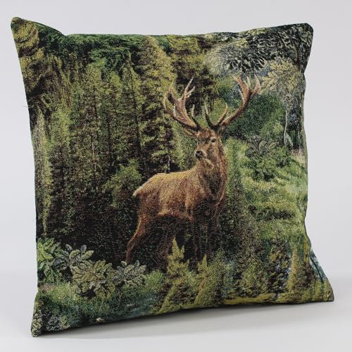 Hans-Textil-Shop Kissenbezug Hirsch im Nationalpark Gobelin - Tiere, Wald, Bayern, Natur, Landhaus, Bäume, Jäger, REH, Deko, Sofa, Couch, Deko (50x50 cm)