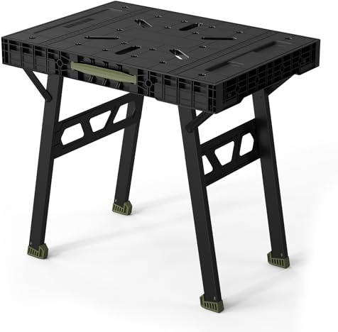 ONCUPID Express Folding Work Table, Portable Folding Workbench, 34 W x 25 D x 31 H, Green, Metal Leg Base, Painted, Metal legs, Wood/Plastic table top