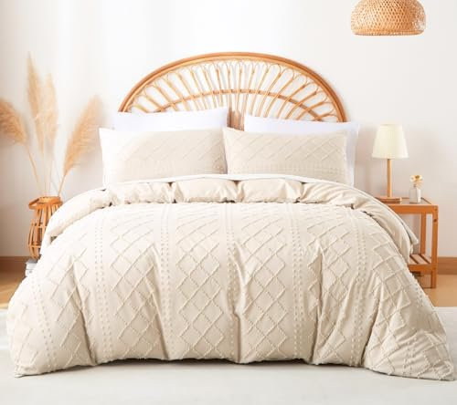 Nayoroom Bettwäsche 135x200 4teilig Beige Getuftet Stickerei Boho Aesthetic Bettbezug Set Stockholm Style Renforce Microfaser Vintage Wendebettwäsche mit Reißverschluss und 2 Kissenbezüge 80x80 cm