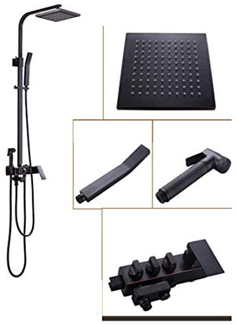 TENGJUN Ölgeriebenes Badezimmer-Schwarzbronze-Finish, Duschset, Mischbatterie, Wandmontage, Doppelgriff, antikes massives Messing, Badewanne, Schwarz