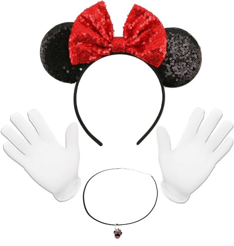 Mouse Ears Headband, Sparkly Bow Headbands Mouse Ears Headwear Cosplay Party Head-band with 2 White Gloves and Pendant Necklace, Shiny Headband for Girls Women Fancy Dress Costume Head Band Christmas