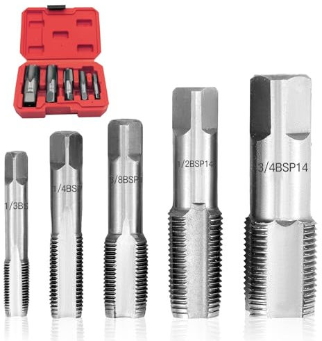 Hengrongshen 5 Pièces Tarauds à Tube BSP 1/8, 1/4, 3/8, 1/2, 3/4 en Acier au Carbone pour Filetage Précis, Différents Types de Tuyauterie, Mécanique et Bricolage, avec Boîte