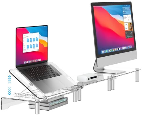 RQUOIRE Ergonomischer Acryl-Dual-Monitorständer mit verstellbarer Laptop-Erhöhung, kompatibel mit Desktop, Drucker, Fernseher und mehr Geräten, Monitorerhöhung, geeignet für 2 Monitore (transparent)