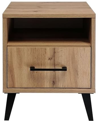 ASF Nachttisch 38x33x45 cm – Eiche Wotan, modern, Schwarze Griffe und Beine, für Schlafzimmer, Wohnzimmer, Jugendzimmer