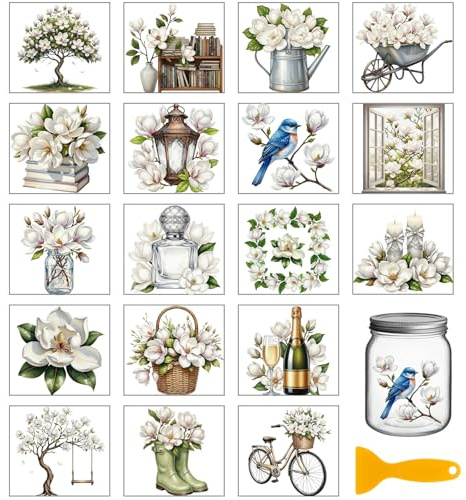 GLOBLELAND 18 Blatt Weißen Magnolien Rub On Sticker Blumen Bunt 3.9x3.6 Zoll Transferaufkleber UV DTF Tasse Transfer Aufkleber Für Möbel Glas Holz Fotoalbum DIY Aufkleberästhetik Scrapbooking Basteln