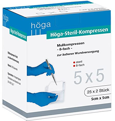 Höga Steril-Kompressen, sterile Mullkompressen - 5 x 5 cm - steril, 8-fach, EN 14079-Typ 17, Klein