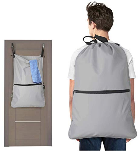 Luxja Travel Laundry Bags, Camping Laundry Backpack with EXTRA Stainless Steel Door Hooks and Shoulder Straps, Grey