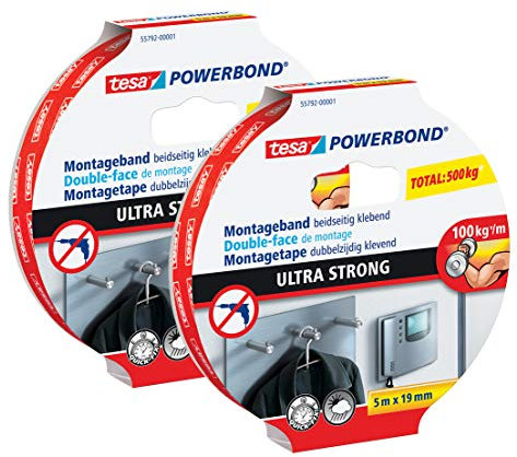 tesa Powerbond Ultra Strong Montageband/Doppelseitiges Klebeband für eine besonders starke und dauerhafte Befestigung ohne Bohren (2 Rollen / 5m:19mm, Standard)
