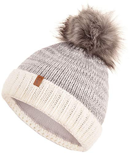 Faera Wintermütze warm gefüttert mit Kunstfell Bommel-Mütze Fleece-Futter Winter Strick-Mütze Beanie-Mütze Damen Herren One-Size 03, Farbe:Weiß