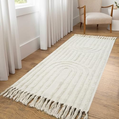 LEEVAN Boho-Küchenläufer, 60x100 cm, Baumwolle, Waschküche, Teppich mit Quasten, waschbar, Bauernhaus-Badezimmerteppich, Läufer, böhmische Teppiche für Schlafzimmer, Überwurf, Teppich/Küchenspüle