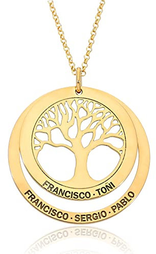 Collar Arbol de la Vida Personalizado para Mujer en Plata de Ley - con Cadena de 45 cm + Alargador - Regalo Original para Madres y Abuelas (Collar Arbol + 1 Aro Oro)