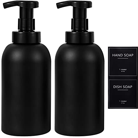 Foaming Hand Soap Dispenser Glass Jar Foam Dish Soap Dispenser for Bathroom and Kitchen Sink, Liquid Pump Bottle for Shampoo, Body Wash, Black, 2 Pack