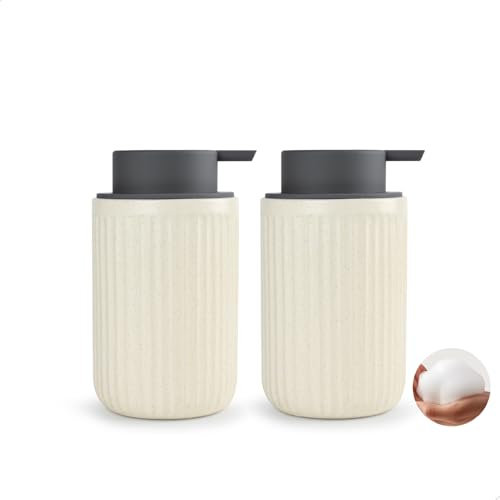 ABBI NIMO Dispensador de Espuma de jabón de Manos de cerámica, Color Beige, Paquete de 2, Botella dispensadora de Espuma Ondulada moteada, dispensador de Espuma de jabón de 12 onzas con Bomba Gris