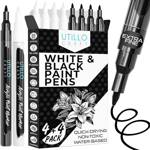 Utillo Craft Black and White Paint Pens (8-Pack), 0.7mm Extra Fine Markers | Bold Color Permanent Black and White Acrylic Markers for Metal, Fabric, Wood, Glass, Paper, Plastic, Rock, Leather