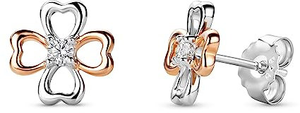 Orovi Orecchini Donna Quadrifoglio Portafortuna in Argento 925 Rodiato Bianco e Rosa con Zirconi taglio Brillante. Orecchino Piccolo a Lobo anallergico, Chiusura con perno passante e farfalla.