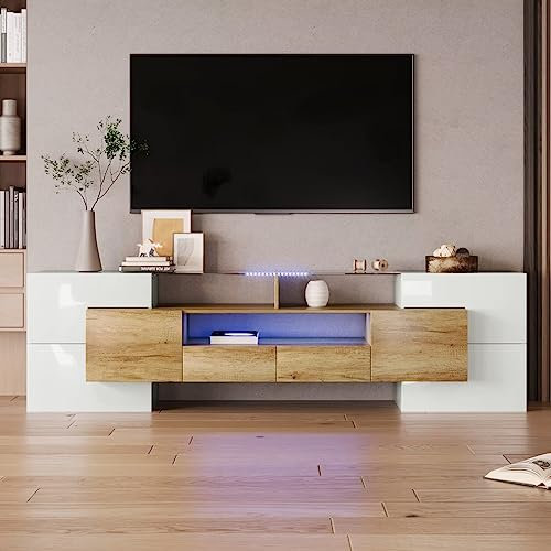 Mueble de TV elegante y moderno para salón, diseño multifuncional con 6 puertas, 2 cajones y 3 compartimentos, 200 x 30 x 60,7 cm, color madera original