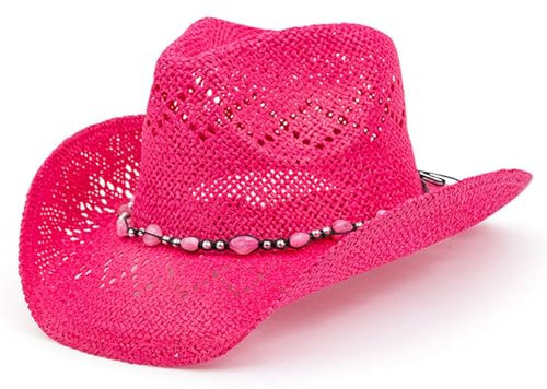 Chapeau de cowboy pour homme et femme - Chapeau de cowboy occidental en paille tissée avec bordure perlée et bord façonnable pour fête, plage, rose rouge, Taille unique