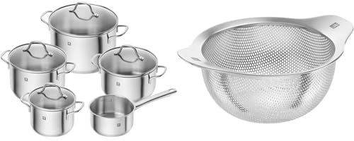 ZWILLING Juego de ollas Flow, 4 tapas, aptas para inducción, acero inoxidable, 5-teilig & 39643-016-0 Colador Mesa, Acero inoxidable, 16 cm