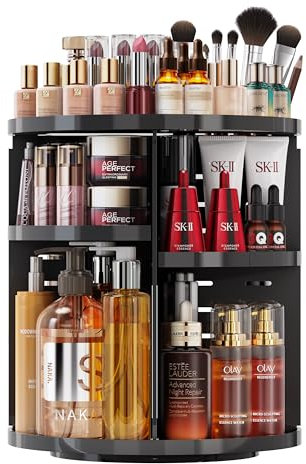 Auxmir Make Up Organizer mit 9 Einstellbaren Stufen, 360° Drehbar Schminktisch Kosmetik Organizer, Extra Größer Verbessert Schmink Organizer Skincare für Dresser Schlafzimmer Badezimmer, Schwarz