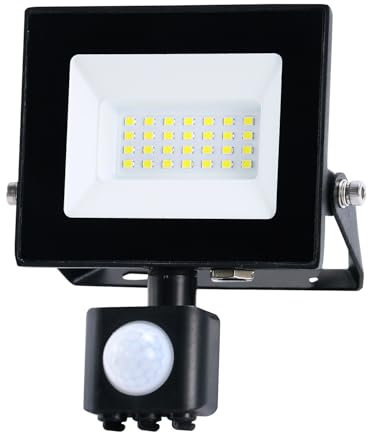 Bright Source LED Floodlight, PIR Motion Sensor, IP65, 20W, 2200lm, 120° Beam Angle, 6500K Daylight White, Black, with Adjustable Tilt Mounting Bracket & 1m Lead Wire